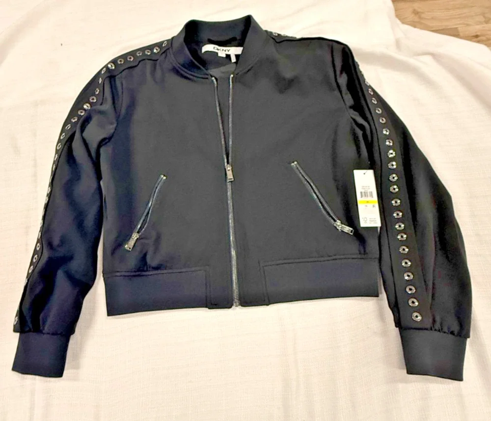 DKNY Women's Black Bomber Jacket Size M Studded Grommet Sleeve Full Zip NWT